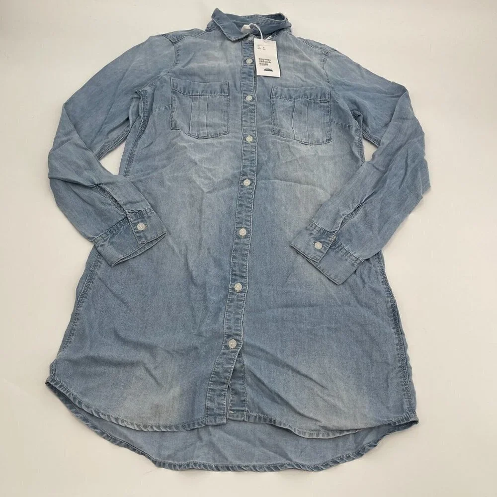 H&M Dress 0 Womens Blue Lightweight Shirt Dress Chambray Collared Casual New